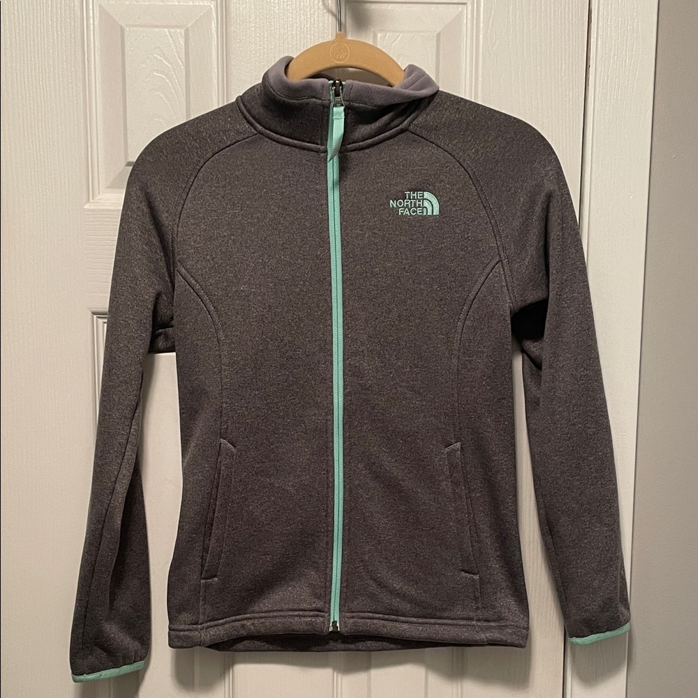The North Face Charcoal Jacket with Aqua Details. Girls size M. Great condition.